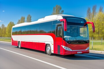 Fototapeta premium Touristic coach bus on highway road intercity regional domestic transportation driving urban modern tour traveling travel journey ride moving transport concept public comfortable passengers shuttle
