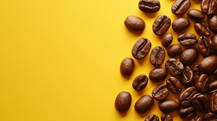 Coffee beans on a vibrant yellow background, creating a cozy cafe ambiance. This vibrant image showcases a scattering of aromatic coffee beans on a striking yellow backdrop. - obrazy, fototapety, plakaty