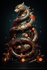 Abstract image of a Christmas tree in the form of a snake, decorated with ornaments, on a dark background.