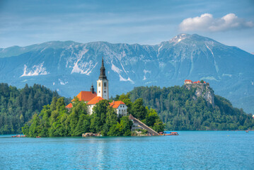 Assumption of Maria church and Bled Castle at lake Bled in Slove