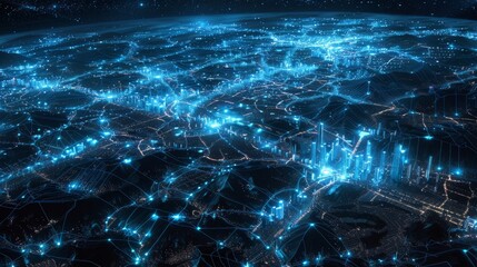 Night view of the city from space, glowing blue lights on global network connections and roads around it with connecting lines to other cities, glowing background, black sky, aerial view