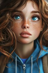 A close-up of a young girl with freckles and blue eyes. She has long, wavy auburn hair and is wearing a blue hoodie. Her expression is one of curiosity or deep thought. - obrazy, fototapety, plakaty