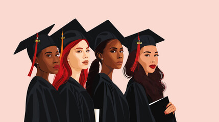 Contemporary illustration of five different multiethnic young women university graduates in black caps and gowns holding diplomas on a pink background. copy space