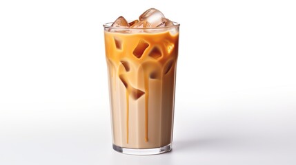 Iced caramel macchiato in glass isolated on white background. Delicious drink.