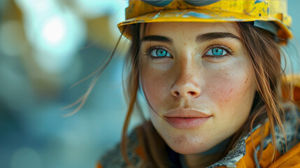Portrait of a young female worker in a hard hat and yellow jacket - Powered by Adobe