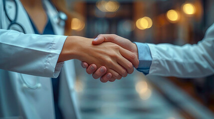 Doctor and patient shaking hands, closeup of hands. Medicine and healthcare concept - obrazy, fototapety, plakaty
