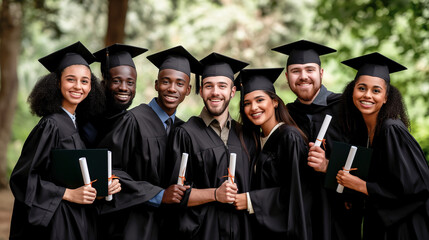 Happy group of multiethnic friends wearing black university graduate caps and gowns happily posing and holding diplomas after graduating from college.