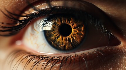 Brown eyes with gold flecks. Close-up of a dark brown human eye with gold flecks in the iris. Unique color pattern and sharp contrast between the dark pupil and the lighter speckles. - obrazy, fototapety, plakaty