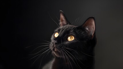 portrait of a black cat, photo studio set up with key light, isolated with black background and copy space