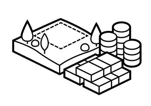 Image of plot land and money. Real estate illustration in isometry style.