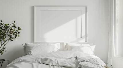 Fototapeta na wymiar bright, luxurious bedroom mockup, poster or picture with frame, created with generative AI technology