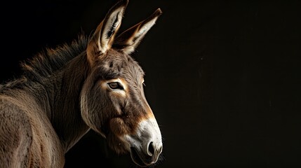 portrait of a donkey, photo studio set up with key light, isolated with black background and copy space 
