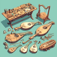 Explore the intricate world of instrument making in a traditional luthier's workshop, where every detail is meticulously crafted for harmonious expression. - obrazy, fototapety, plakaty