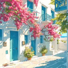 Breathtaking Mykonos Alley with Vibrant Pink Flowers and Blue Balconies