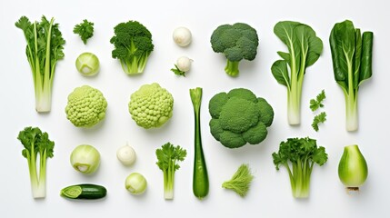 Fresh various green vegetables isolated on white background. Healthy food concept.
