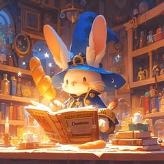 Endearing Furry Wizard Studies Enchanted Spells in Cozy Library