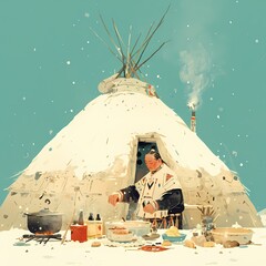 Warm Indigenous Family Gathering in a Snow-Covered Hogan with Traditional Healing Ceremony - obrazy, fototapety, plakaty