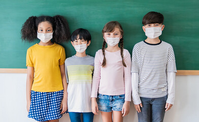 Portrait of group of international students wearing face mask, self-protection from corona virus pandemic. New normal children lifestyle, back to school, multicultural banner