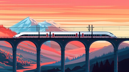 A modern high-speed train crosses an old bridge. A modern train travels by rail to the lobby of a beautiful mountain landscape. Vector illustration of train travel. Vector. - obrazy, fototapety, plakaty