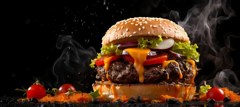 Sumptuous Sizzle: Mouthwatering Grilled Burger Delightfully Adorned with Fresh Ingredients, Perfect for Your Next BBQ Bash or Restaurant Banner