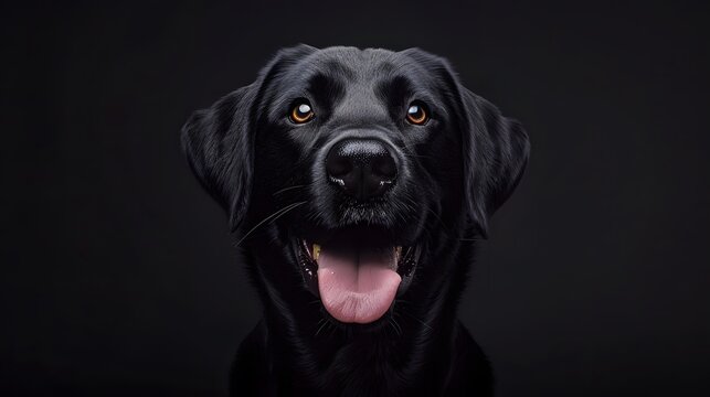 portrait of a happy smiling black labrador dog, photo studio set up with key light, isolated with black background and copy space