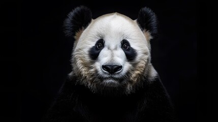 portrait of a happy smiling panda bear, photo studio set up with key light, isolated with black...