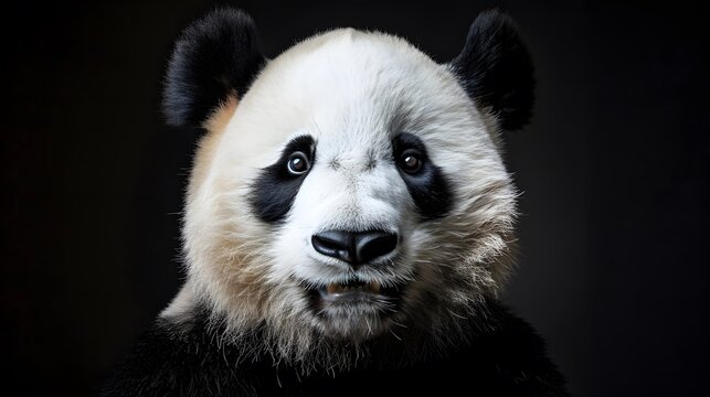 portrait of a happy smiling panda bear, photo studio set up with key light, isolated with black background and copy space