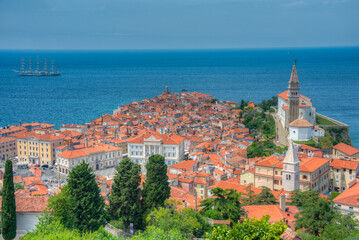 Aerial view of Piran taken from the old fortification, Slovenia