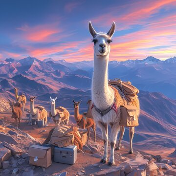 Majestic pack llamas gracefully navigating a rugged mountain terrain under the glow of a stunning sunset.