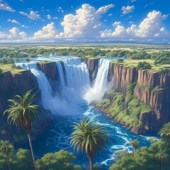 Majestic Waterfall Scenery - Awe-Inspiring Victoria Falls Panorama - obrazy, fototapety, plakaty