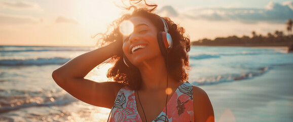 Lifestyle portrait of happy young black woman laughing and listening to music on headphones while...