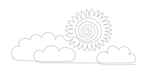 Continuous one line sun cloud art. Single line sketch sunny summer travel concept. Nature cloudy sky weather element, vector illustration