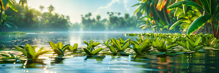 Serene Water Landscape with Lush Greenery and Reflections, Tranquil Lake Surrounded by Tropical Vegetation and Floating Lotus