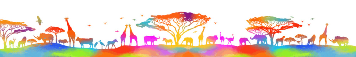 colored abstract African landscape silhouettes of animals. hand drawing. Not AI, Vector illustration