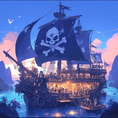 Embark on an Epic Voyage with a Crew of Villainous Pirates Aboard a Majestic Sailing Ship - obrazy, fototapety, plakaty