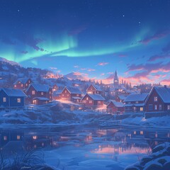 Discover the enchanting beauty of a Nordic village nestled amidst snow-capped mountains under the radiant glow of the Aurora Borealis.