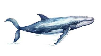 Watercolor big whale in hand painting style isolated on white background.