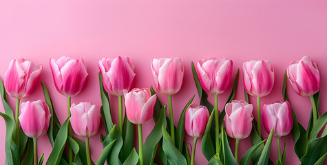 Spring tulip flowers on pink background top view in flat lay style, perfect for women's or mother's day greeting or spring sale banner.