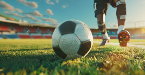 Football player in boots kicking a soccer ball, goal moment on the stadium	
