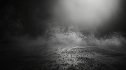 Abstract Image of a Dark Room with Concrete Floor: Black Room or Stage Background for Product Placement. Panoramic View of Abstract Fog: White Cloudiness, Mist, or Smog Moving on a Black Background."