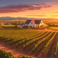 Experience the serene beauty of a vast vineyard bathed in sunrise hues. This image captures the essence of tranquility and viticulture with its panoramic view. - obrazy, fototapety, plakaty