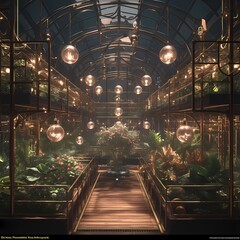 An enchanting indoor botanical garden with glowing orbs, inviting relaxation and exploration. - obrazy, fototapety, plakaty