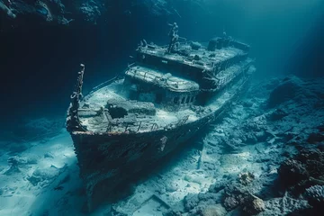 Fototapeten A shipwreck is seen in the ocean with a lot of debris and fish swimming around it. Scene is eerie and mysterious, as the ship is long gone and the ocean is filled with life © Yuliia