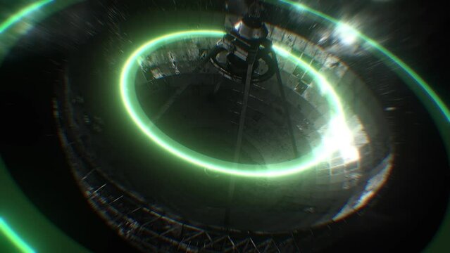 A large space satellite dish emitting glowing pulses to send out messages in the search for extraterrestrial life.