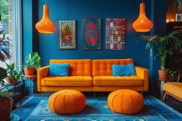 Modern Living Room With Orange and Blue Furniture