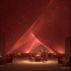 Sophisticated Ruby-Lit Ballroom Interior with Curved Walls and Luxurious Red Atmosphere - obrazy, fototapety, plakaty