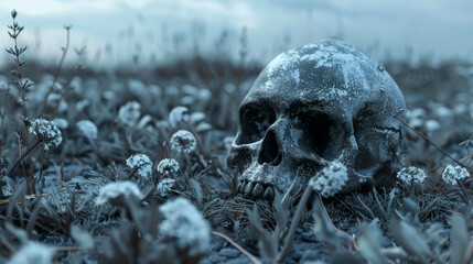 The image shows a human skull in a frost-covered field, symbolizing mortality, time, and impermanence