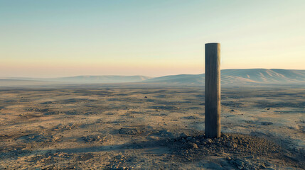 A single solemn column stands tall amidst a desolate desert landscape, symbolizing solitude and resilience - obrazy, fototapety, plakaty