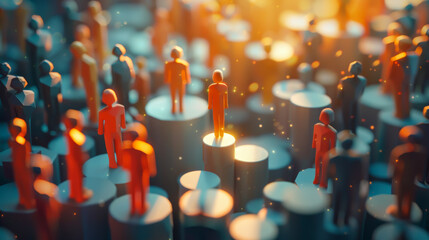 A conceptual 3D rendering of glowing humanoid figures on different levels of platforms, highlighting individuality and leadership - obrazy, fototapety, plakaty
