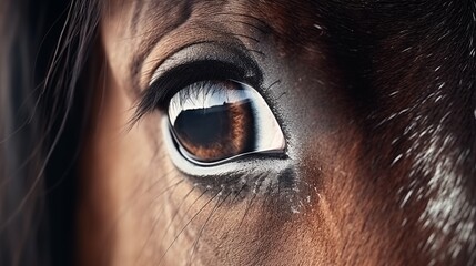 Extreme close up of horse eyes front view looking at camera banner with copy space.